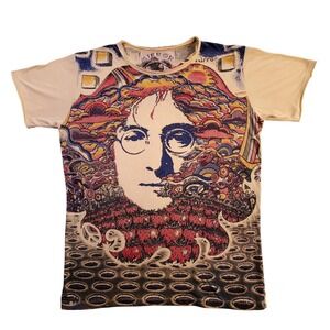 Mirror John Lennon Psychedelic Graphic T-Shirt Mens Large Cream All Over Print